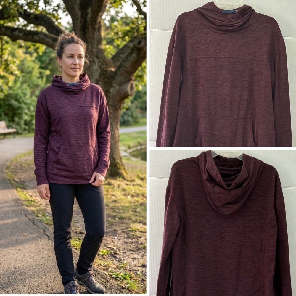Crane Womens Active Hoodie Burgundy Cowl Neck Kangaroo Pocket L Athletic Sporty